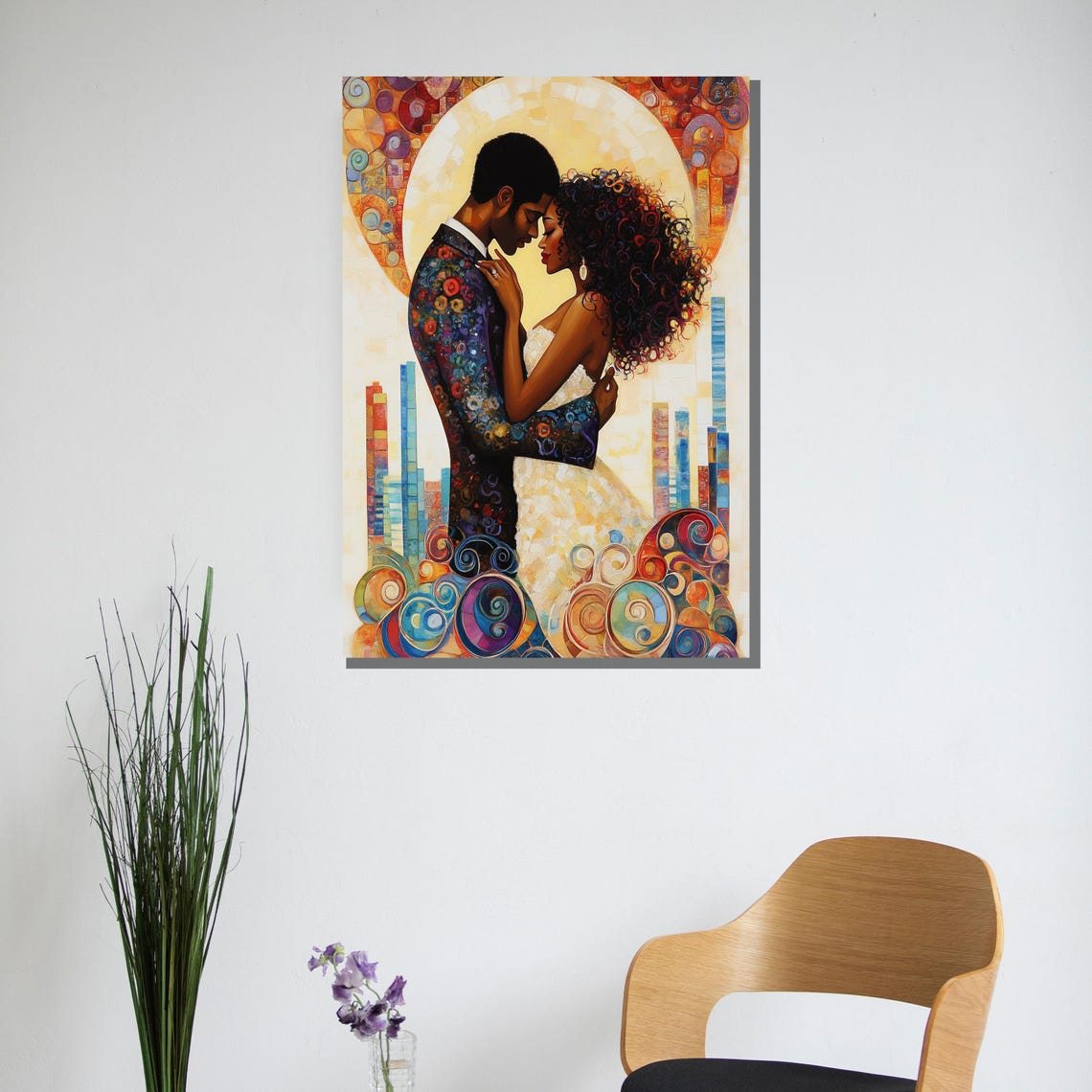 Vibrant Abstract Romantic Couple Embrace Modern City Art Poster - Image 2