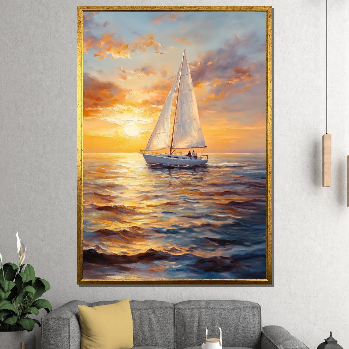 Sailboat Sunset Wall Art Ocean Print Framed Coastal Painting Large Nautical Dcor Luxury Gift For Home Or Office