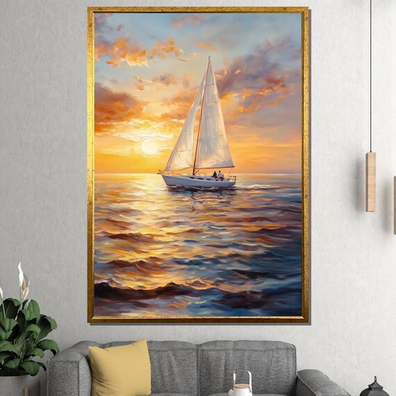 Sailboat Sunset Wall Art Ocean Print Framed Coastal Painting Large Nautical Dcor Luxury Gift For Home Or Office