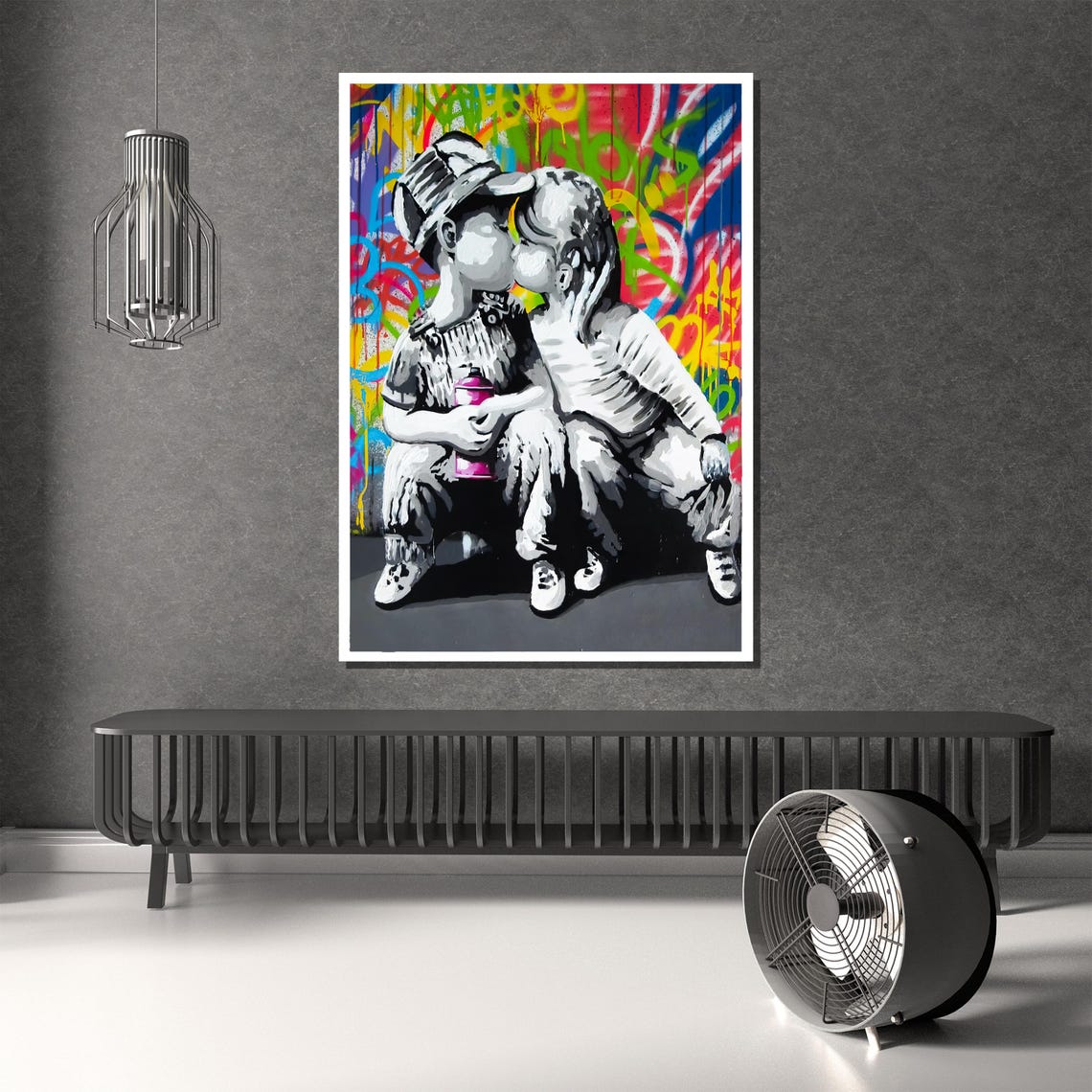 Two Kids Kissing Tenderly In Front Of A Rainbow Graffiti Wall Poster - Image 2