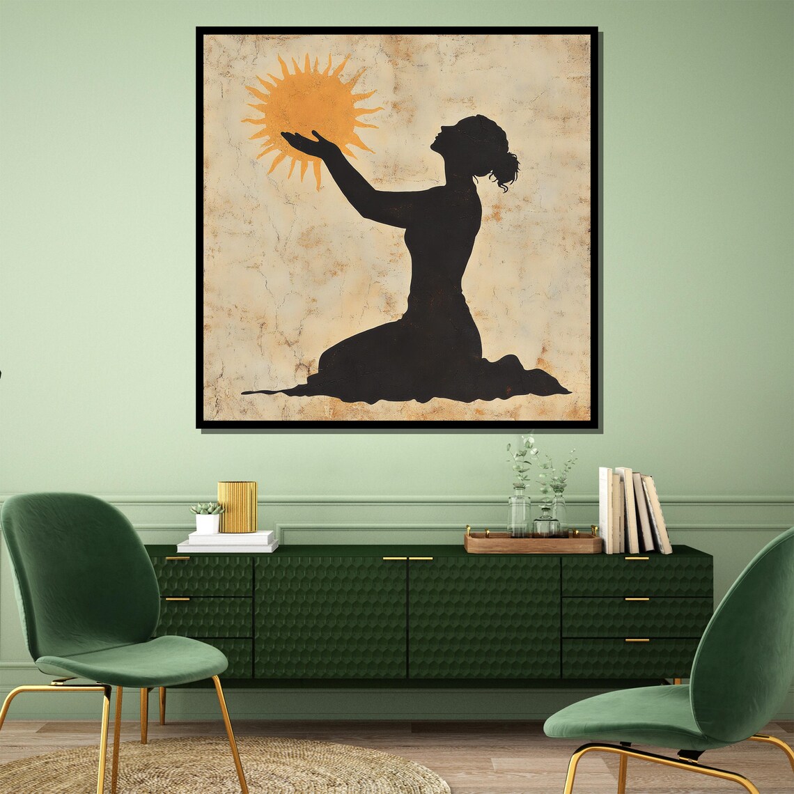 Kneeling Silhouette Woman Cradling A Radiant Golden Sun Poster - Image 4