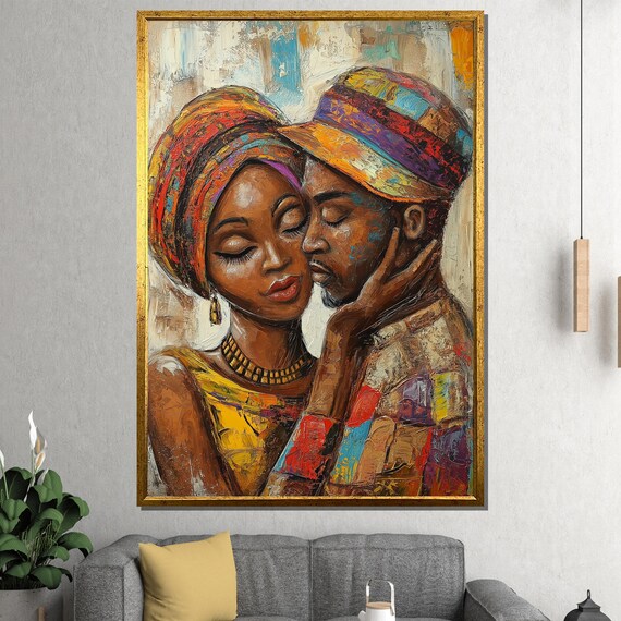 Loving African Couple Art Colorful Expression Of Love Cultural Wall Decor Framed Painting Ready To Hang
