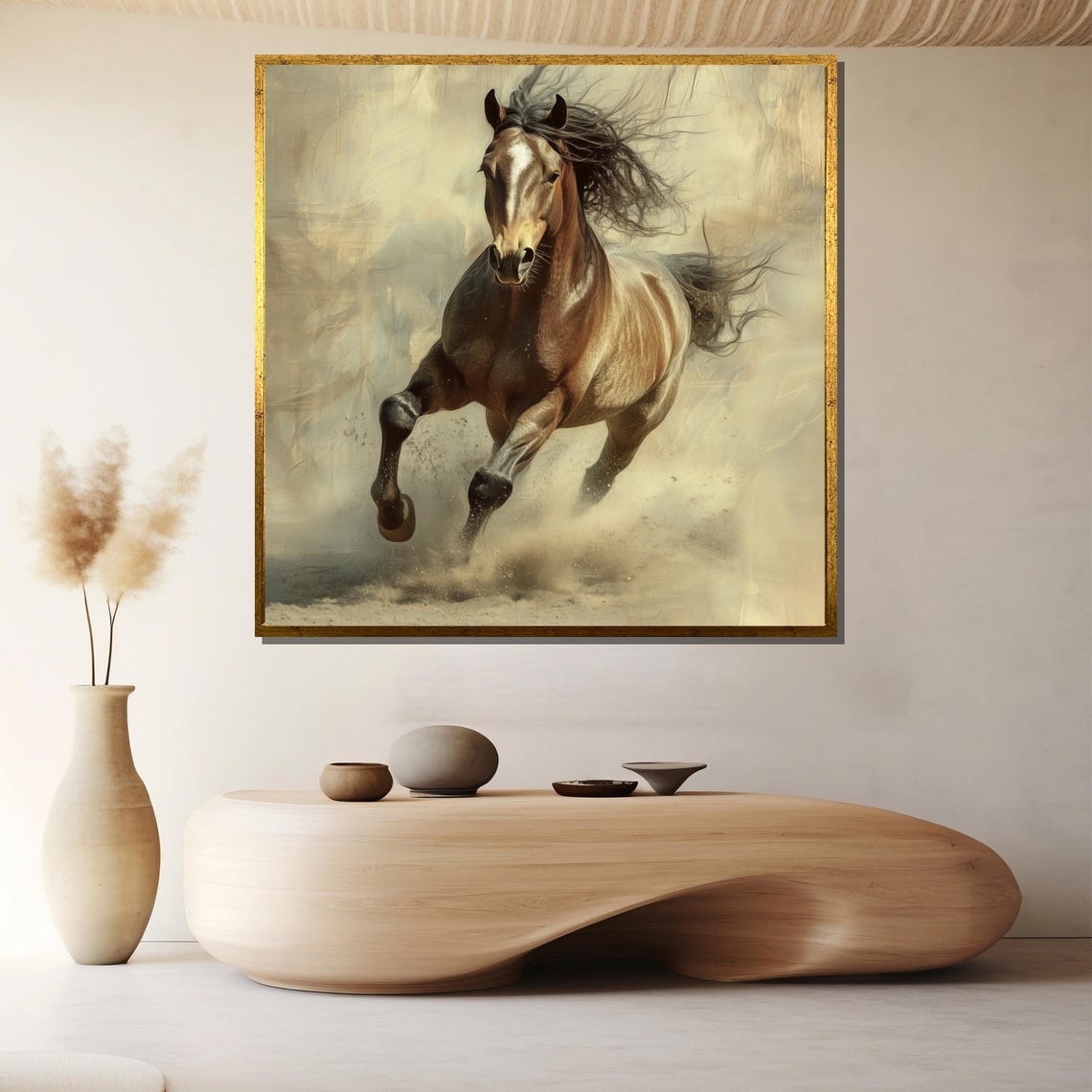 Brown Horse Galloping Through Soft Golden Dust Clouds Poster