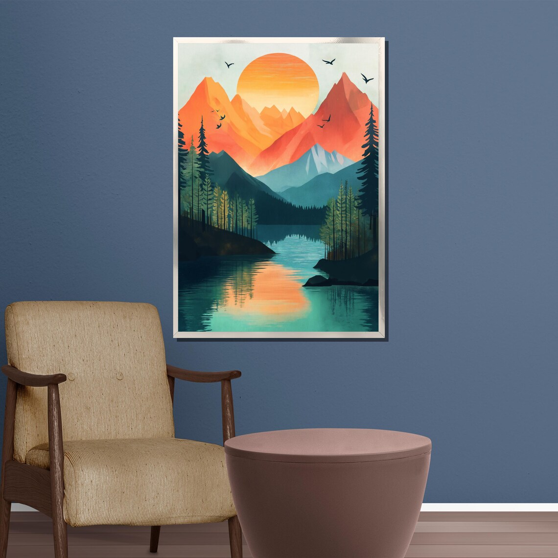 Geometric Mountain Sunset Lake Reflection Adventure Art Poster - Image 3