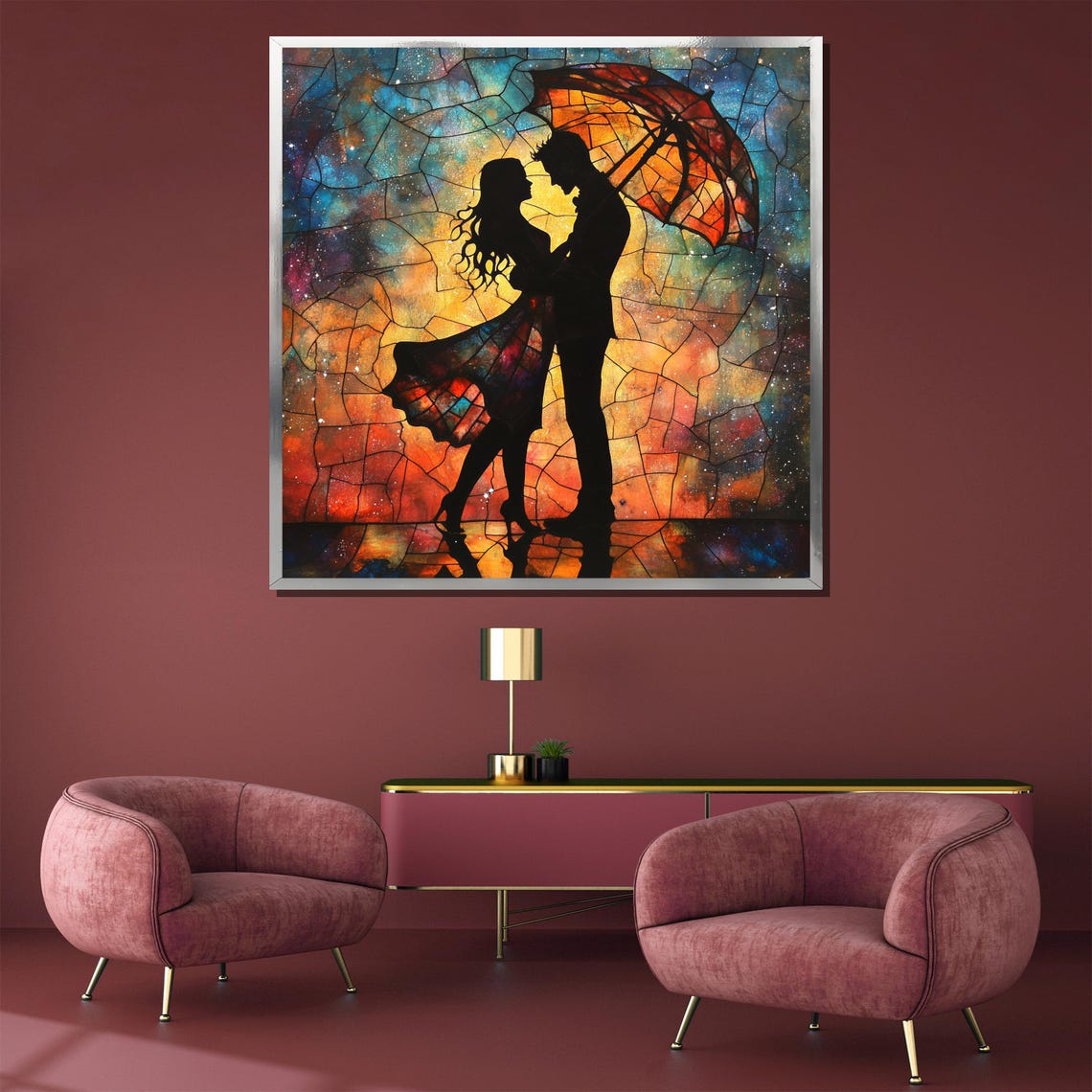 Romantic Lovers Under an Umbrella in Stained Glass Colors Poster - Image 3