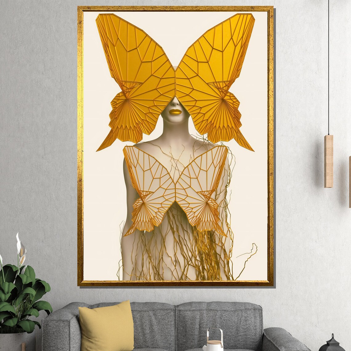 Golden Surreal Butterfly Woman With Geometric Amber Wings Poster