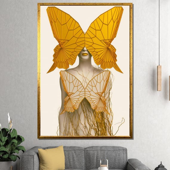 Surreal Butterfly Woman Painting Unique Wall Art Gift With Yellow Wings Design Modern Artwork For Home Decor