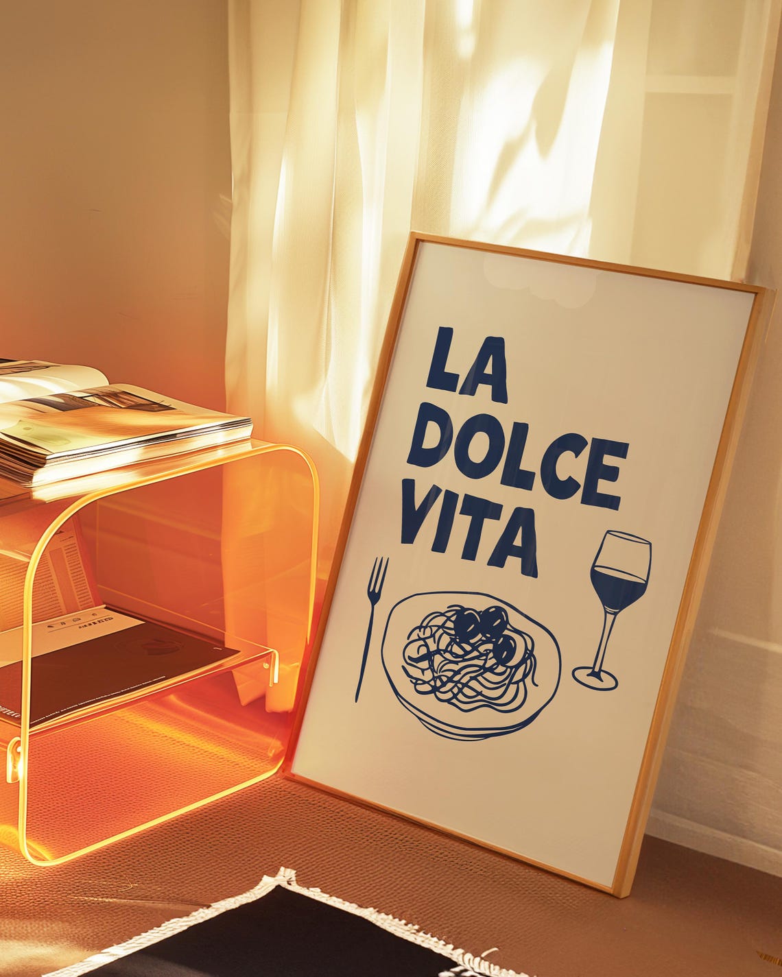 La Dolce Vita Blue Spaghetti Wine Glass Italian Dinner Party Poster - Image 2