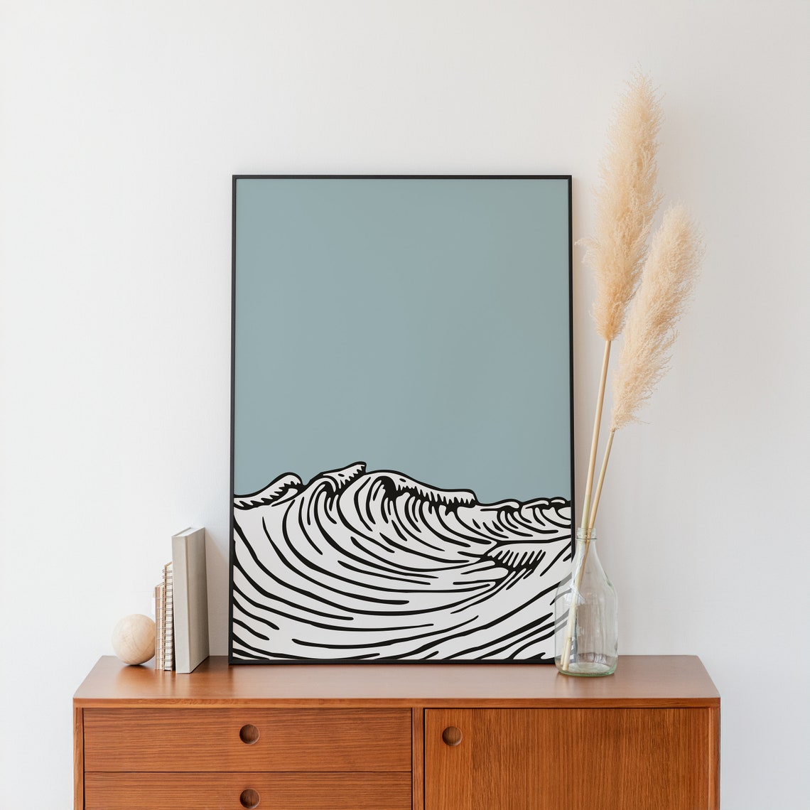 Minimalist Ocean Wave Black Line Art Light Blue Coastal Surf Poster - Image 2