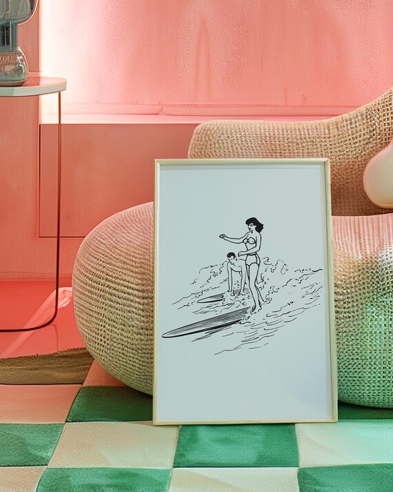 Black And White Surfer Girl Poster Retro Beach Art Surf Decor Ocean Lover Gift Tropic Vibes Fun Home Art Aesthetic Room Decor Wave