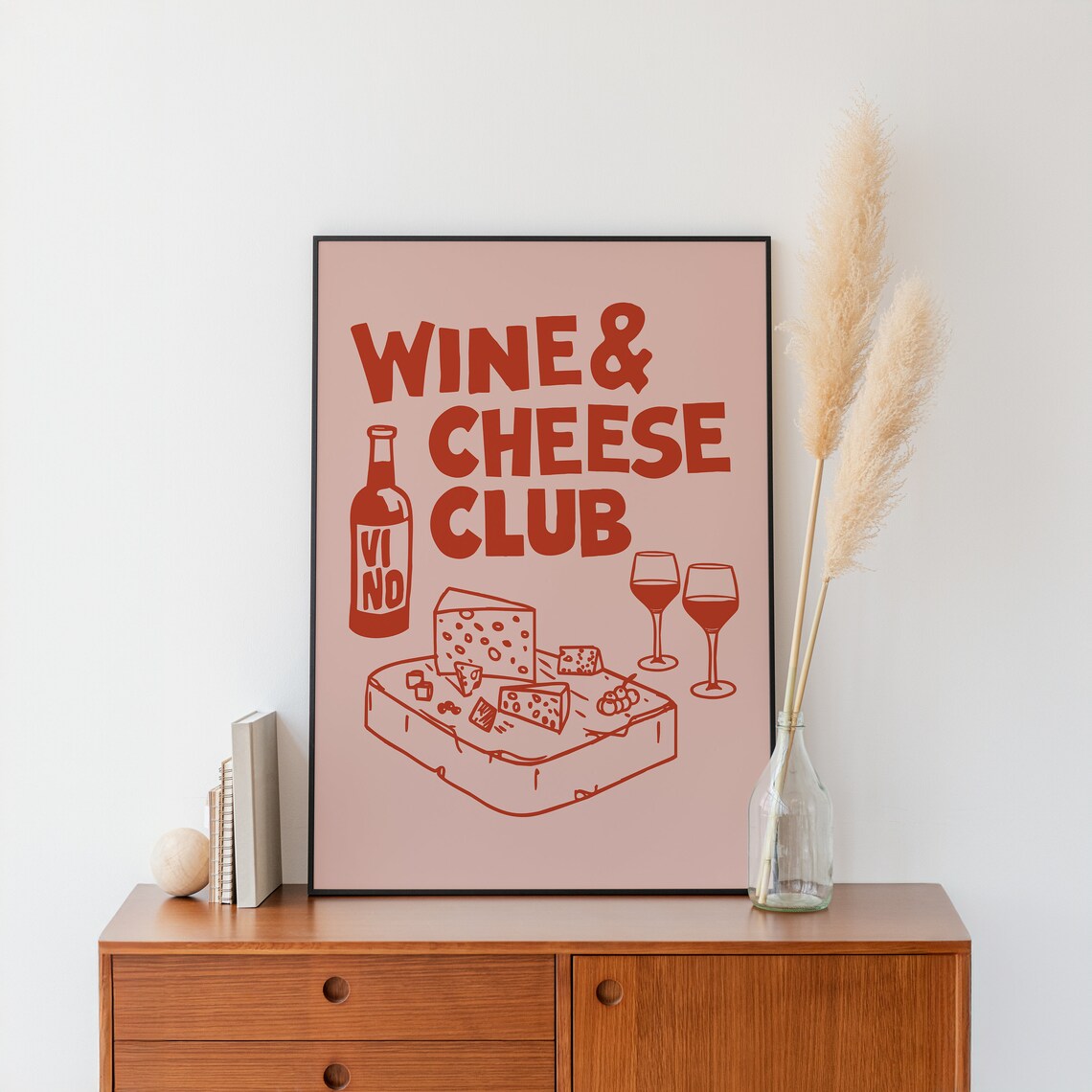 Wine Cheese Club Red On Pink Retro Kitchen Illustration Bar Decor Poster