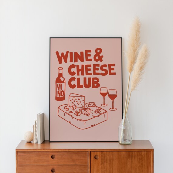 Wine Cheese Club Red On Pink Retro Kitchen Illustration Bar Decor Poster