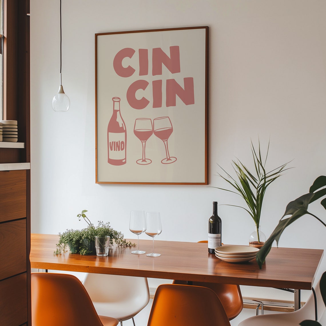 Cin Cin Retro Pink Wine Bottle Glasses Cheers Bar Cart Poster - Image 3