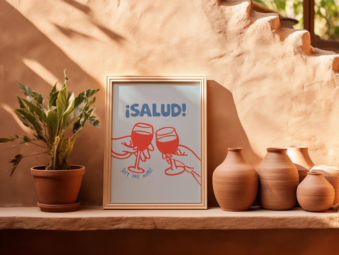 Salud Just One More Blue Red Colorful Toast Wine Kitchen Poster - Image 3