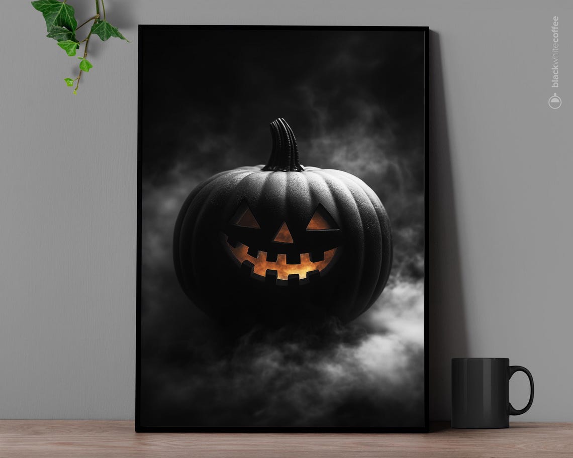 Black Jack O Lantern Glowing Orange Face Spooky Halloween Poster