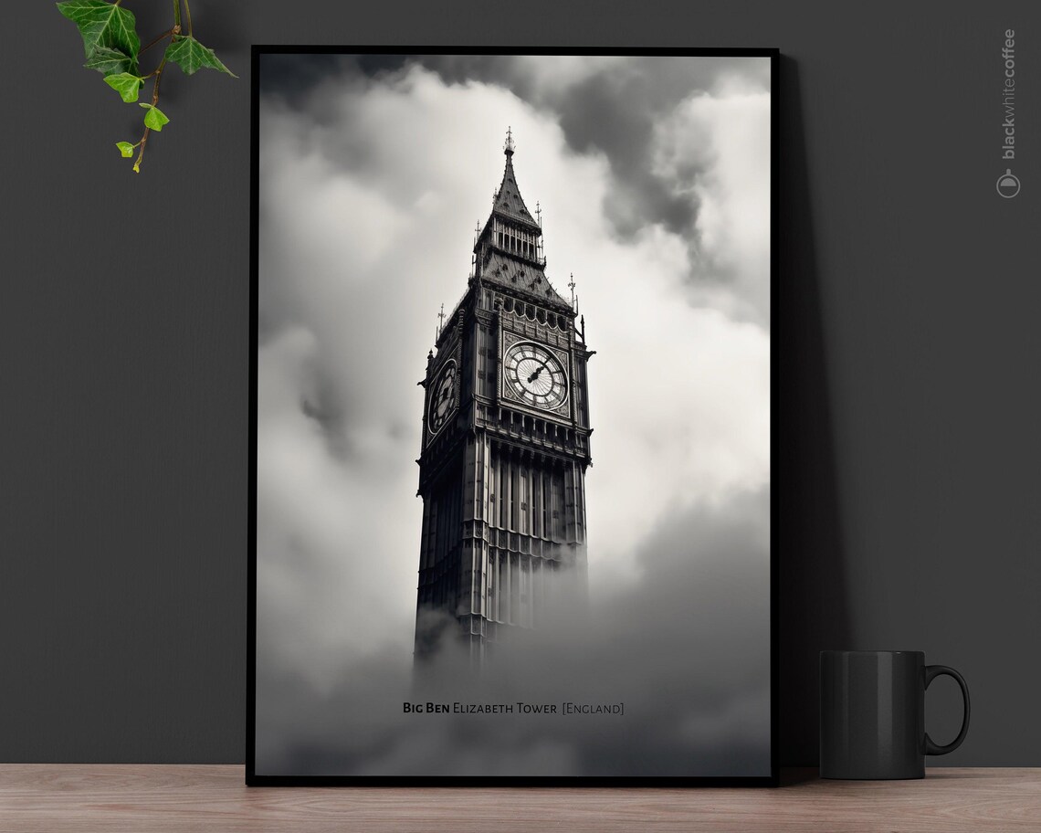 London Big Ben Elizabeth Tower Foggy Black White Photo Poster