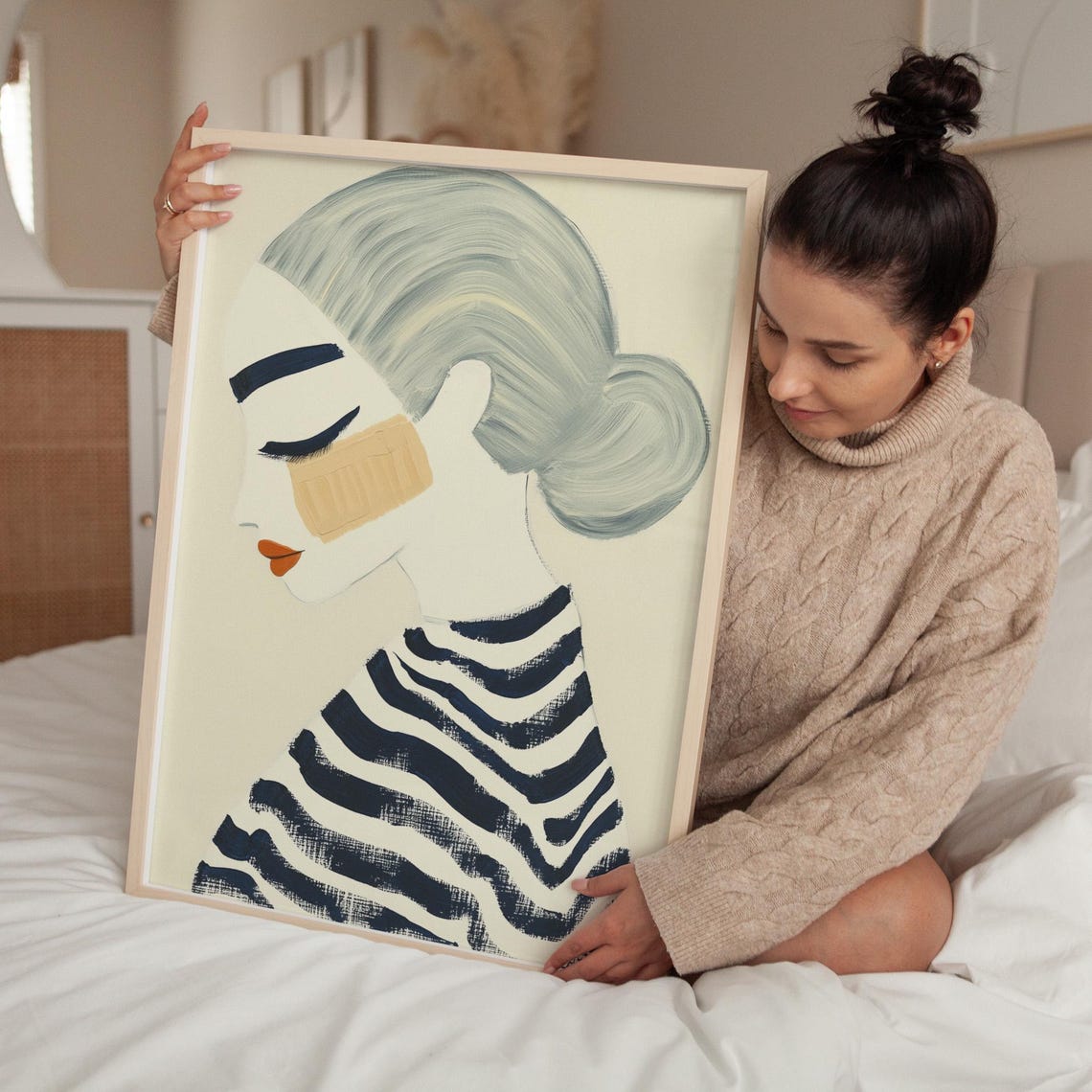 Mid Century Woman Profile Gray Hair Striped Top Fashion Poster
