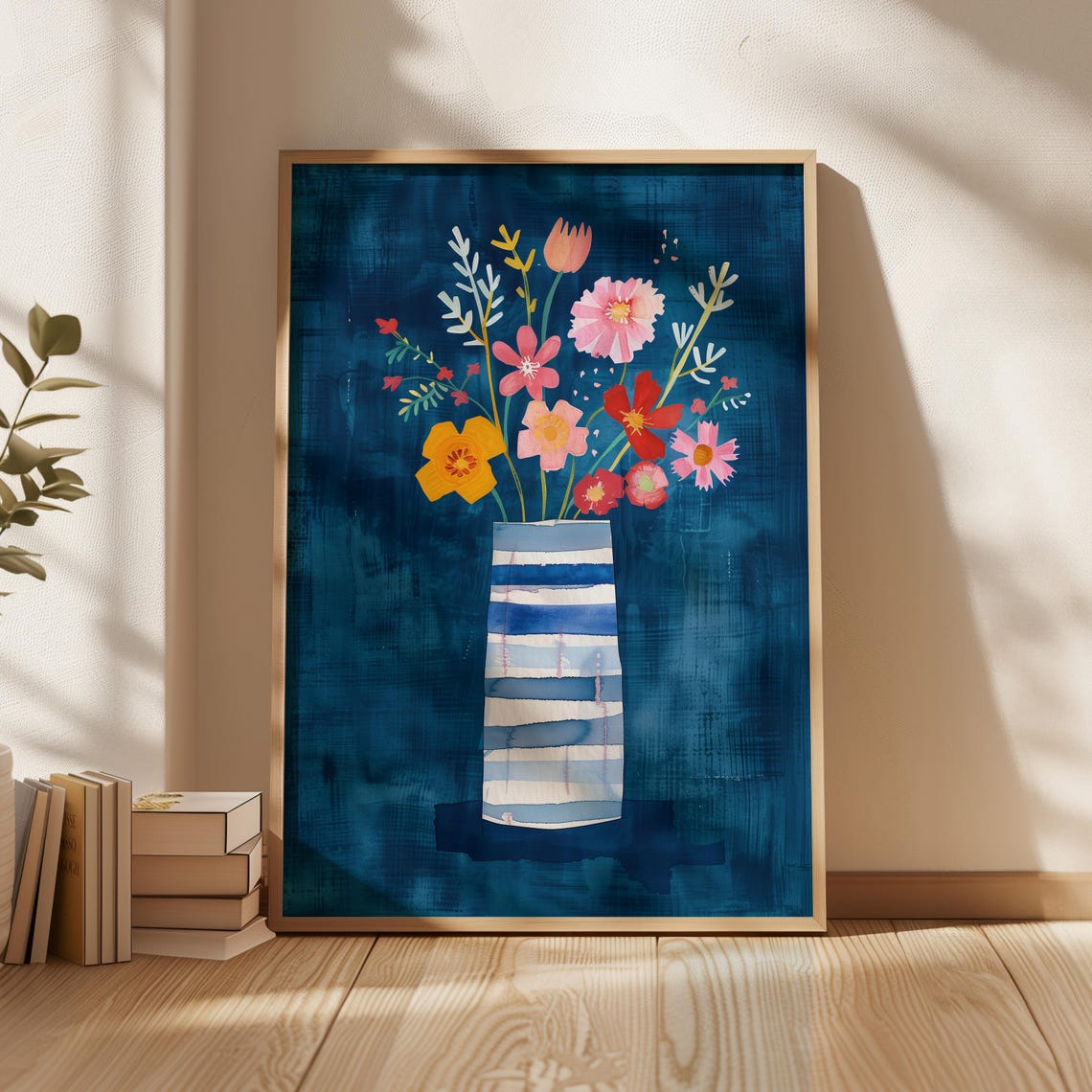 Colorful Floral Bouquet Blue Striped Vase Teal Background Poster - Image 3