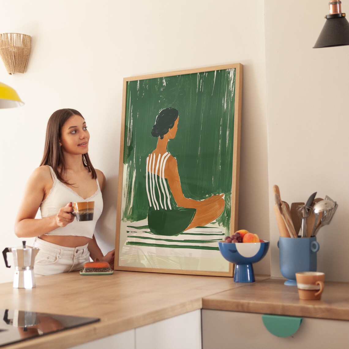 Green Minimalist Yoga Print, Meditating Woman