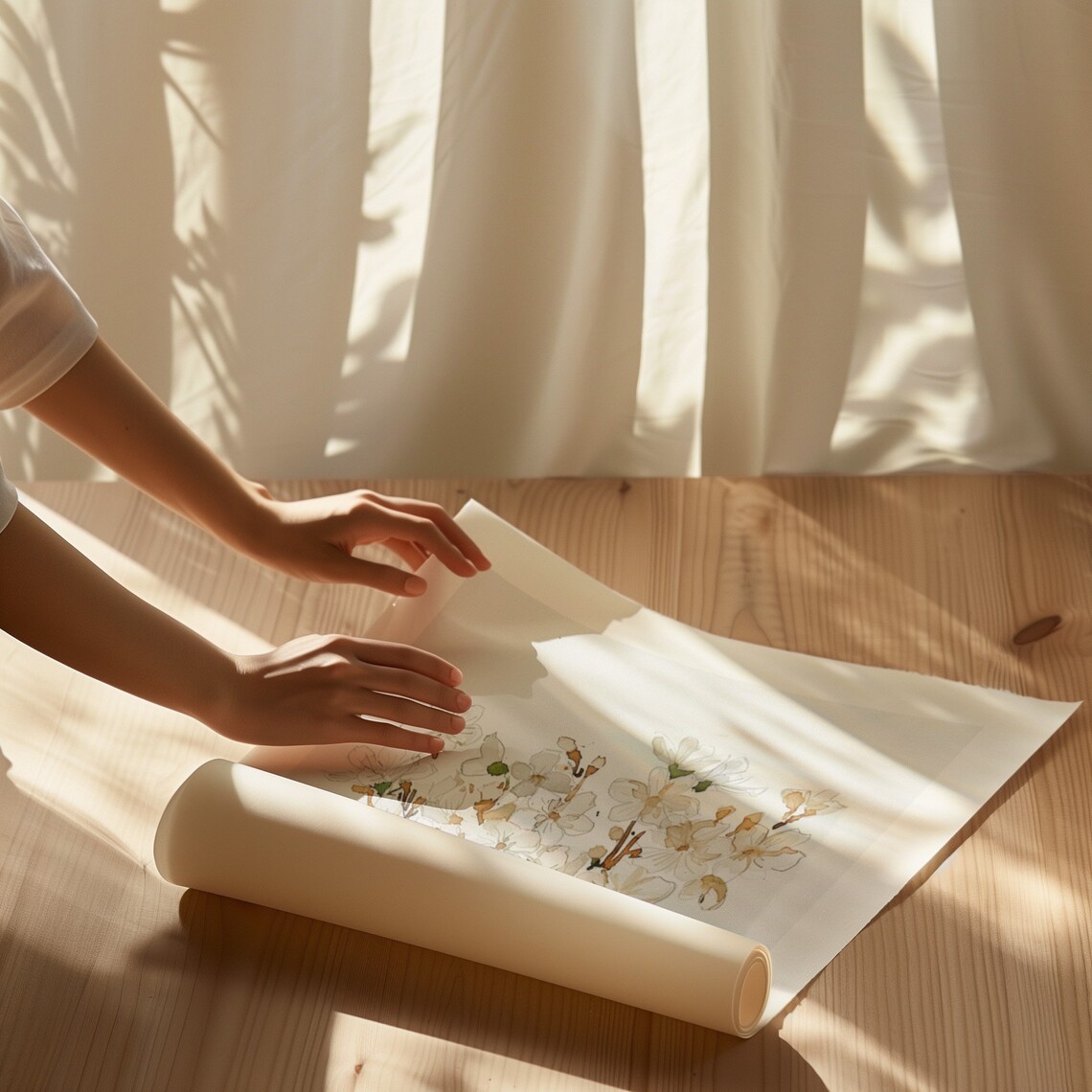 Watercolor White Wildflowers In An Amber Vase On Neutral Tones Print - Image 3