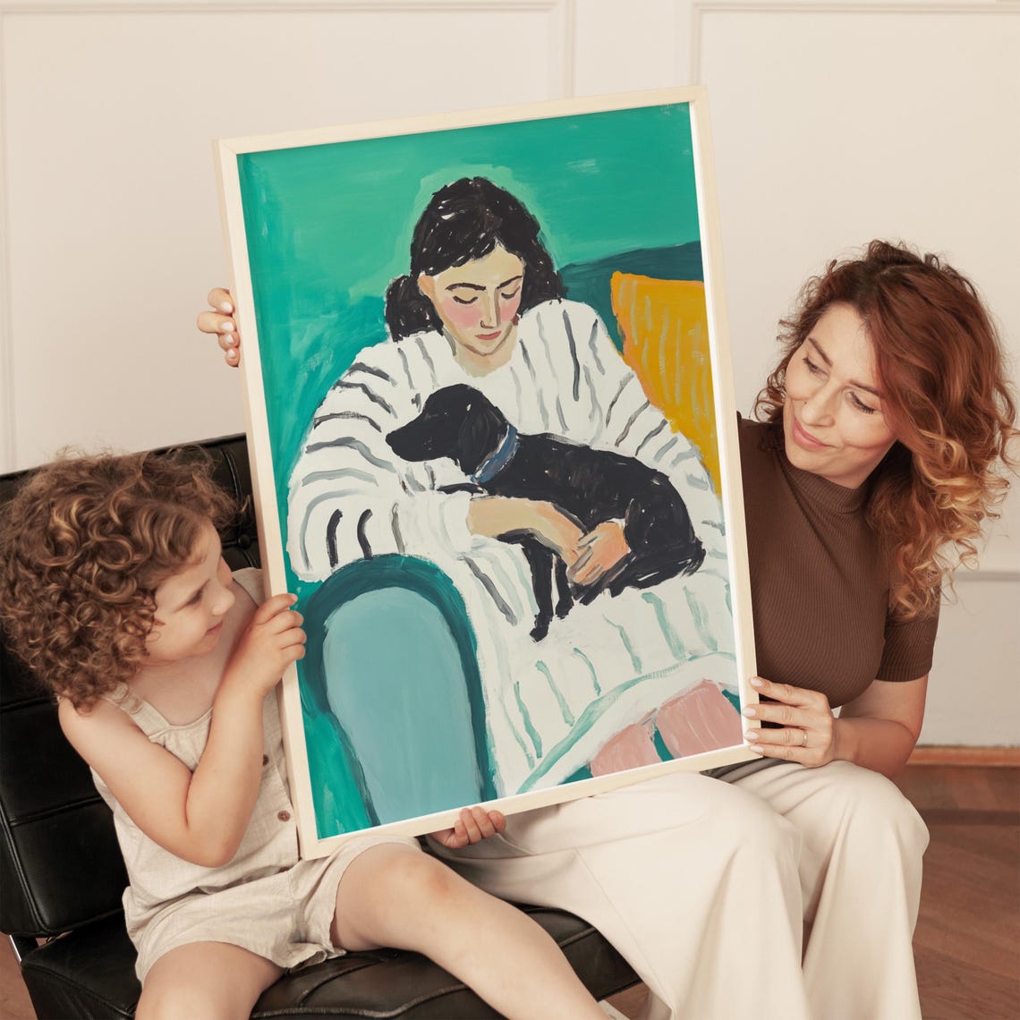 Cozy Woman Hugging Black Dog Colorful Expressive Portrait Poster - Image 3