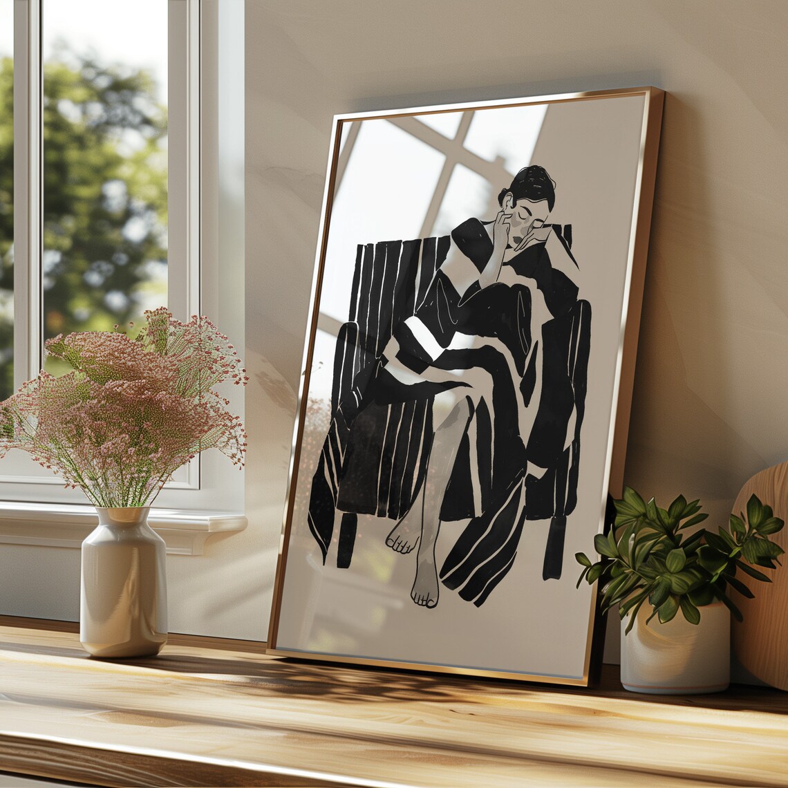 Pensive Moment Black And White Striped Art Print - Image 2