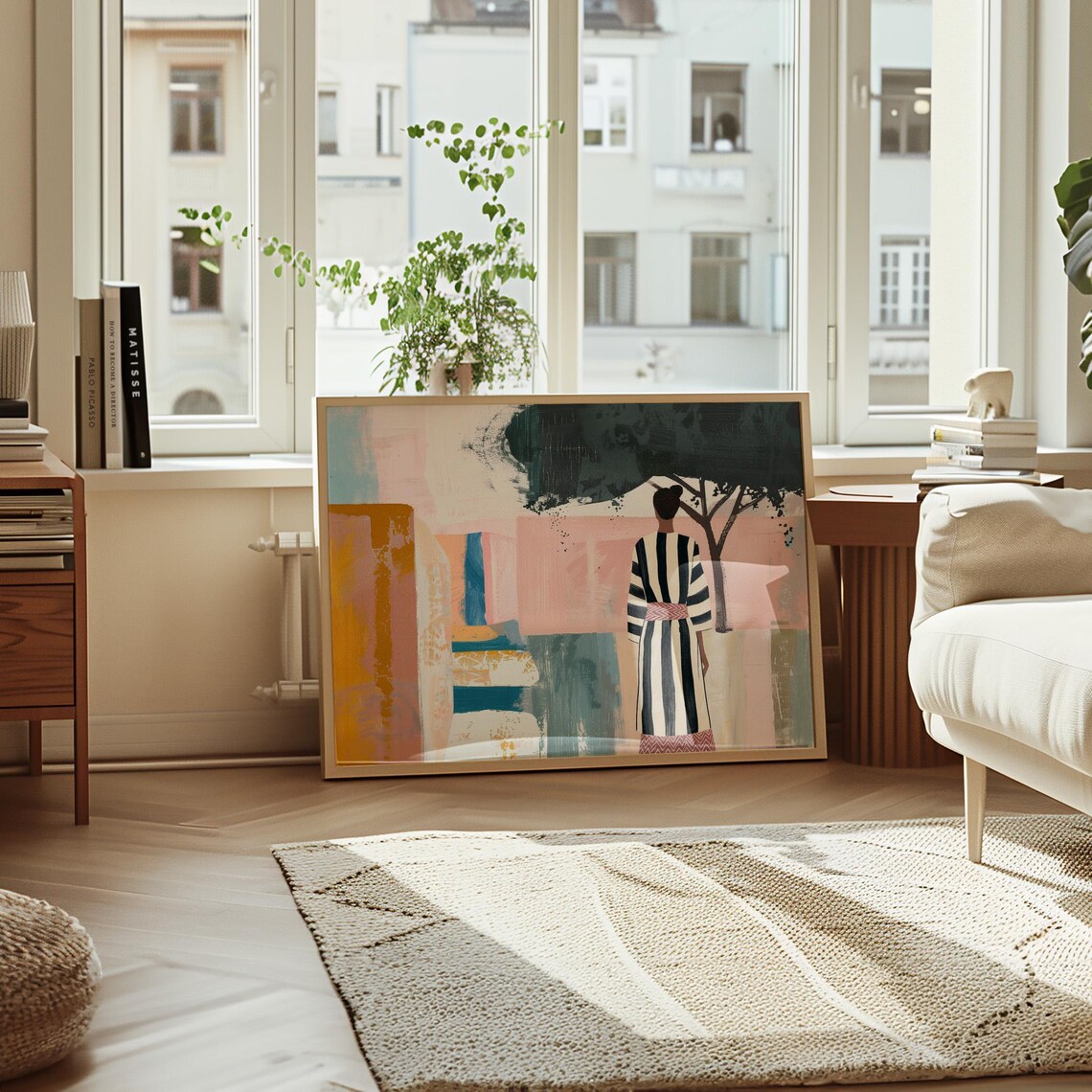 Woman Striped Robe Pastel Courtyard Abstract Pink Blue Art Poster - Image 2