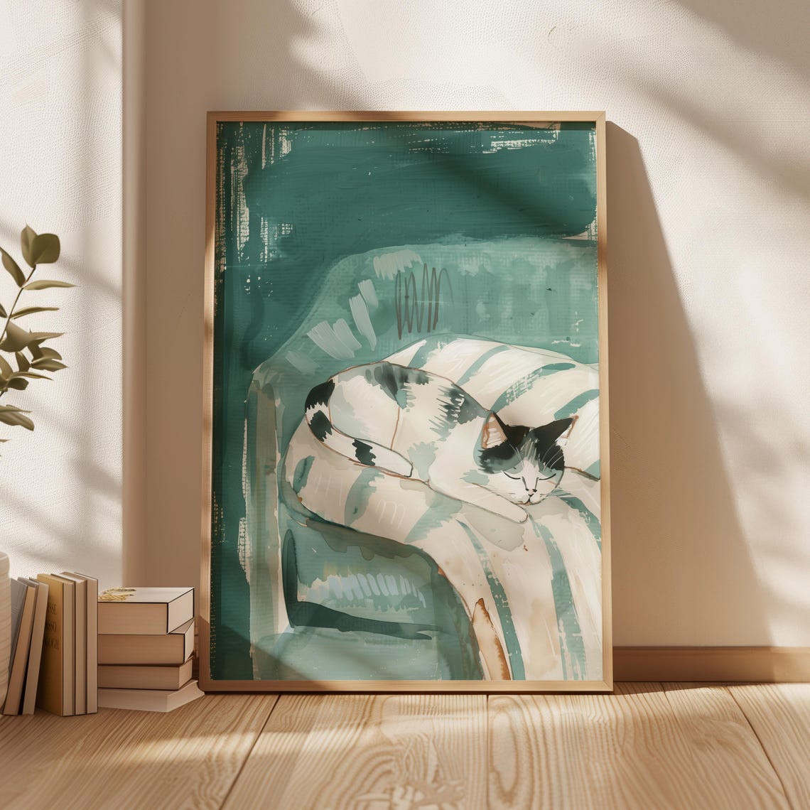 Sleeping Black And White Cat Curled On A Cushion In Teal Wall Art