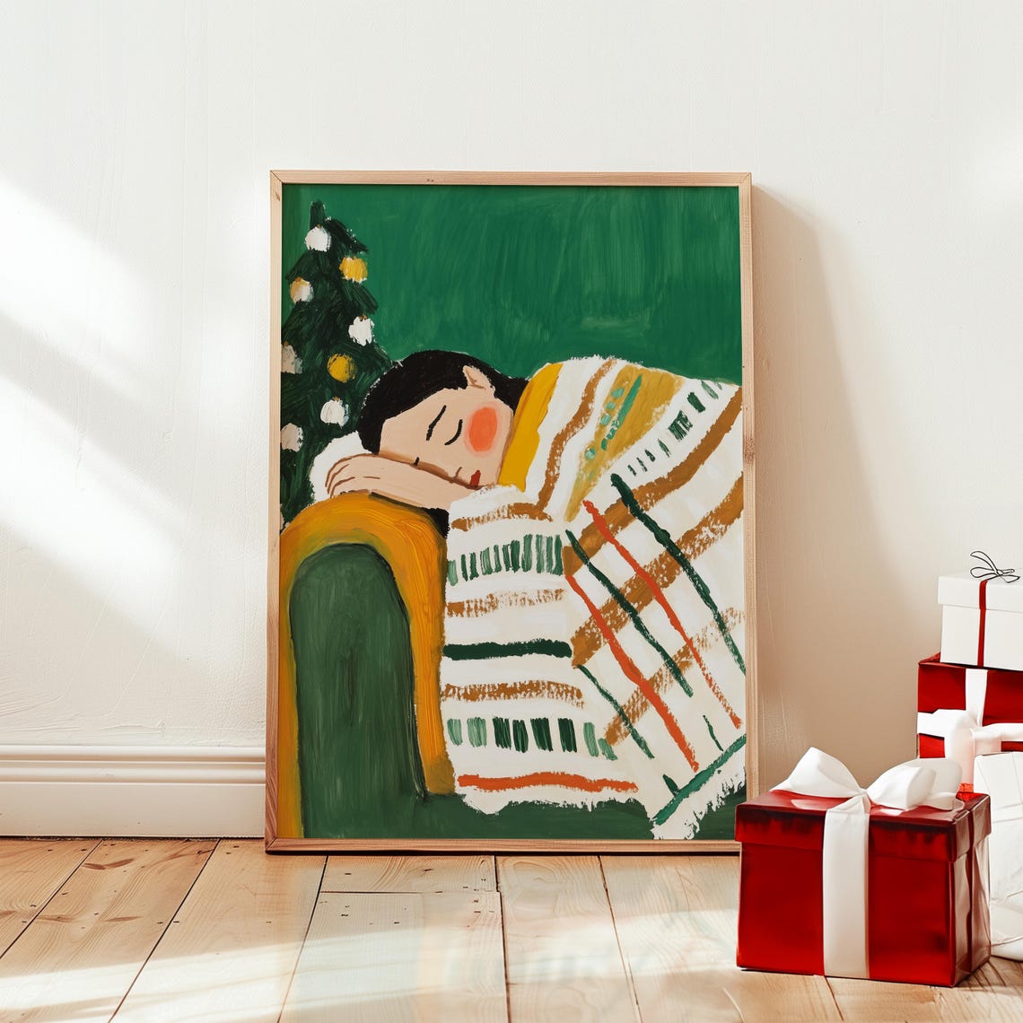 Cozy Christmas Sleeping Woman Striped Blanket Holiday Poster