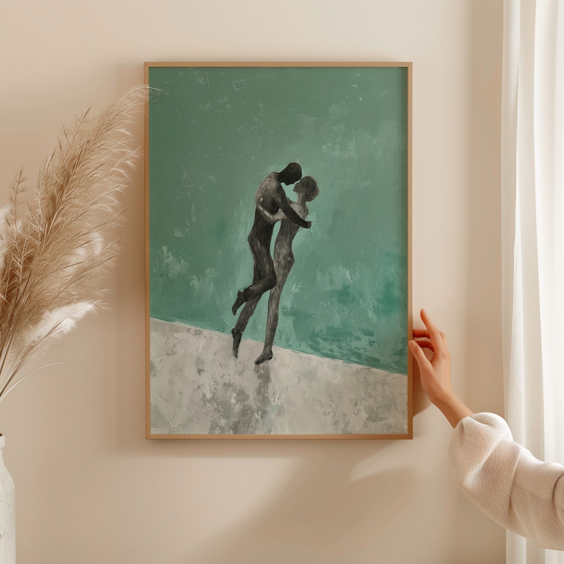 Embracing Couple Emerald Green Abstract Romantic Silhouette Art Poster - Image 2