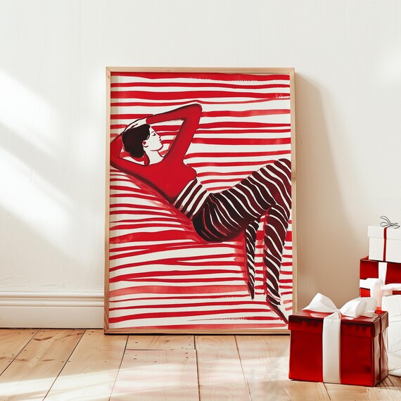 Red Striped Woman Lounging on Striped Bed Holiday Festive Poster