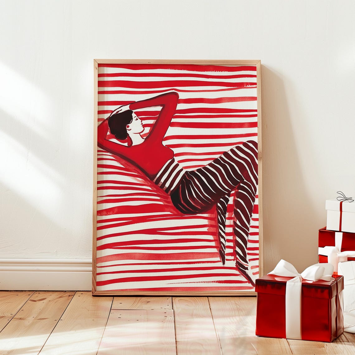 Red Striped Woman Lounging on Striped Bed Holiday Festive Poster