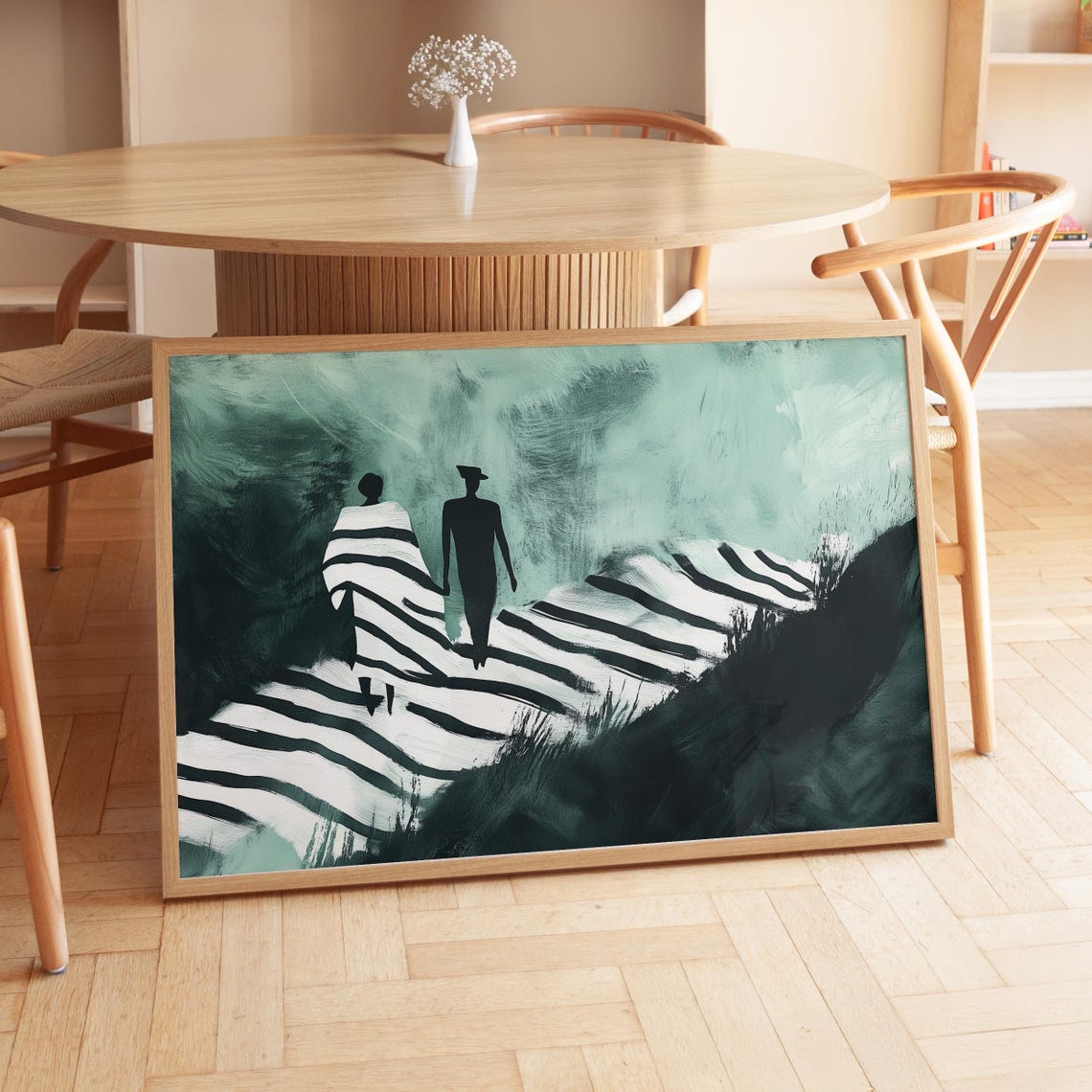 Two Figures Walking Striped Path Emerald Green Abstract Poster