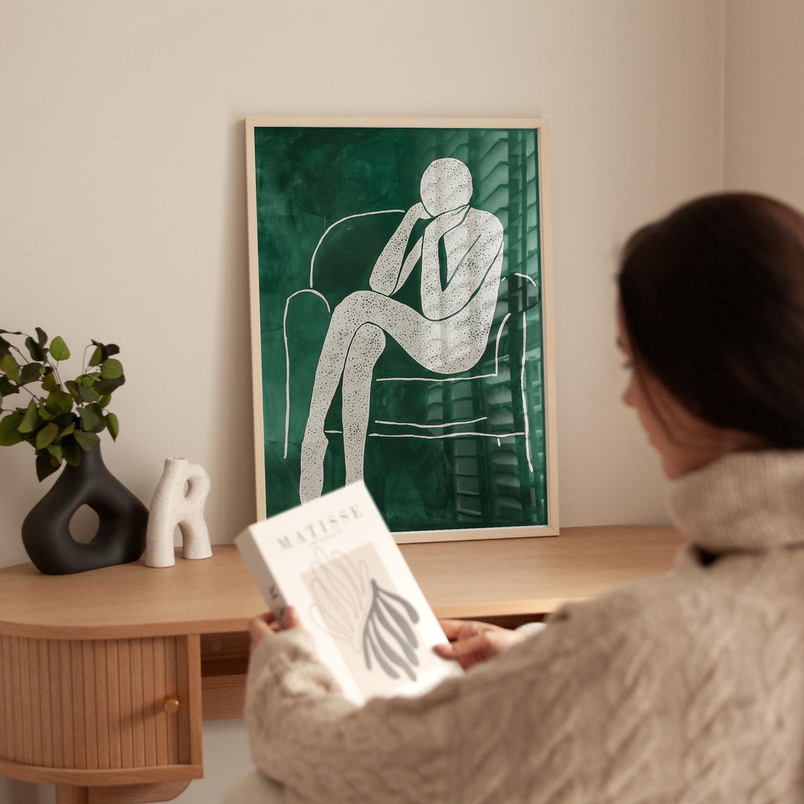 Minimalist White Contemplative Figure Resting on Deep Green Poster - Image 5