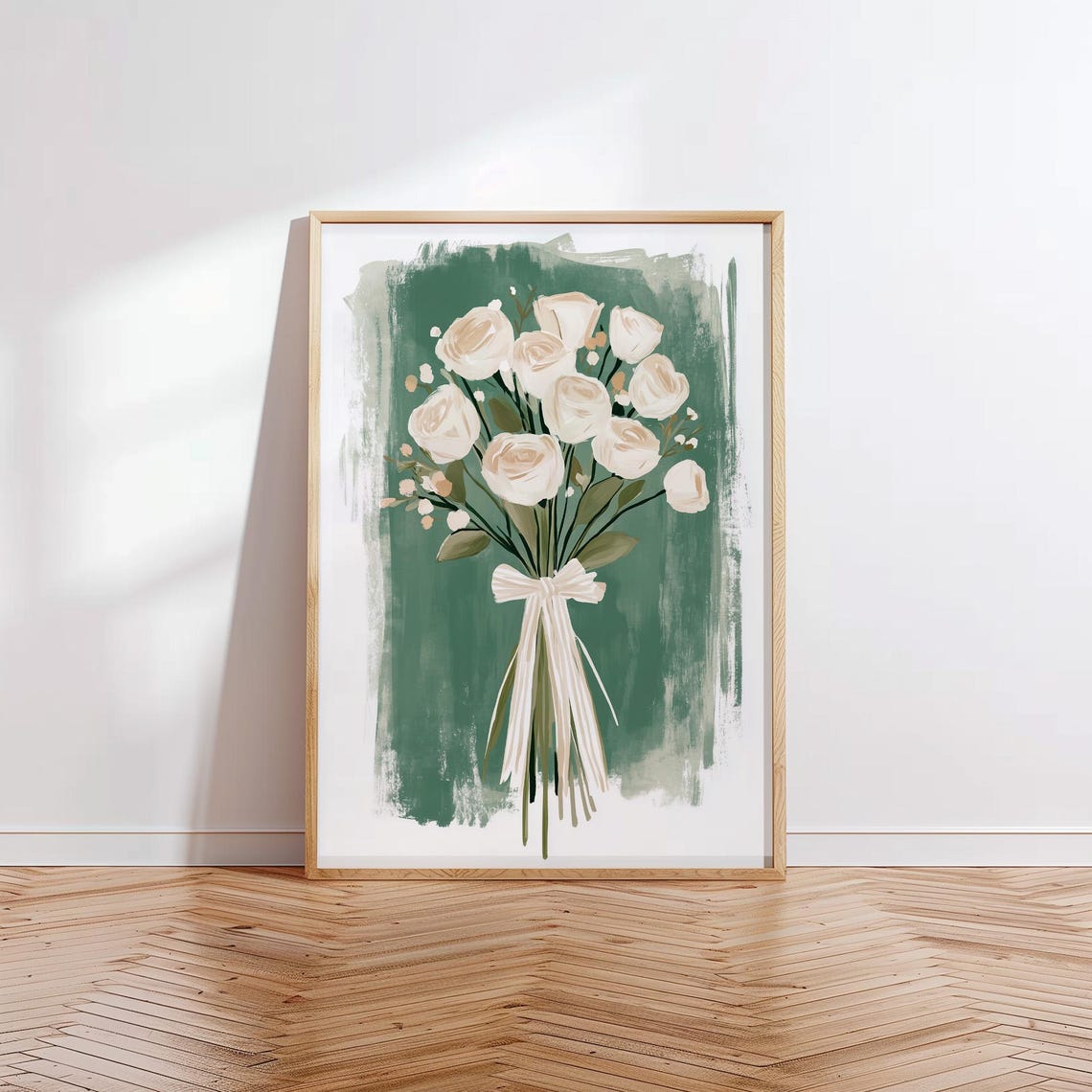 White Rose Bouquet With Bow On Sage Green Painterly Floral Poster - Image 3
