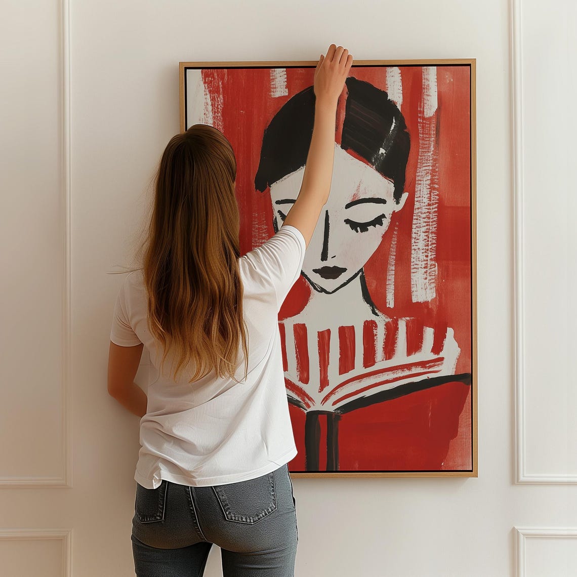 Abstract Reading Woman Red Striped Modern Book Portrait Poster - Image 2