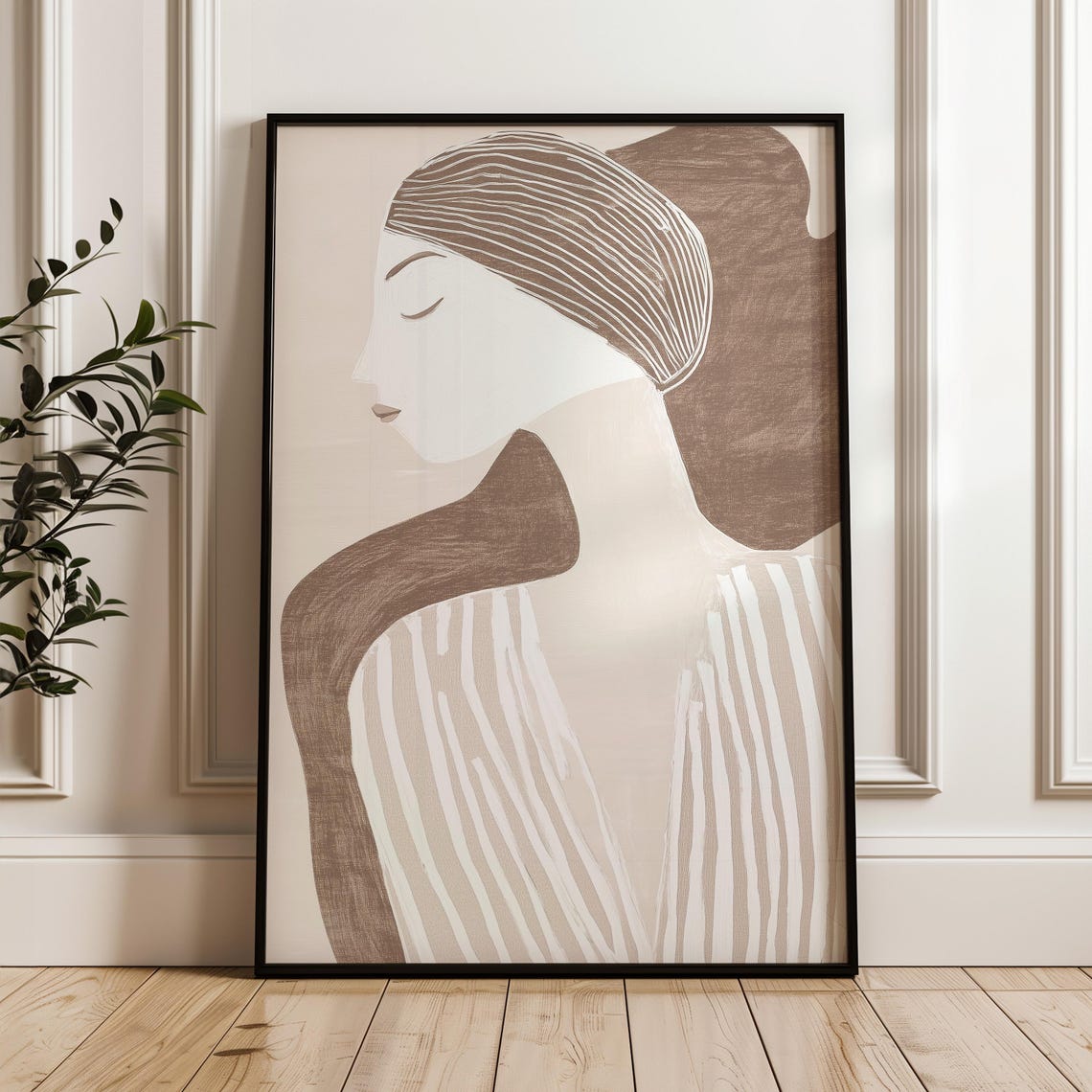 Minimalist Woman Profile In Beige And Taupe Abstract Portrait Wall Art - Image 4