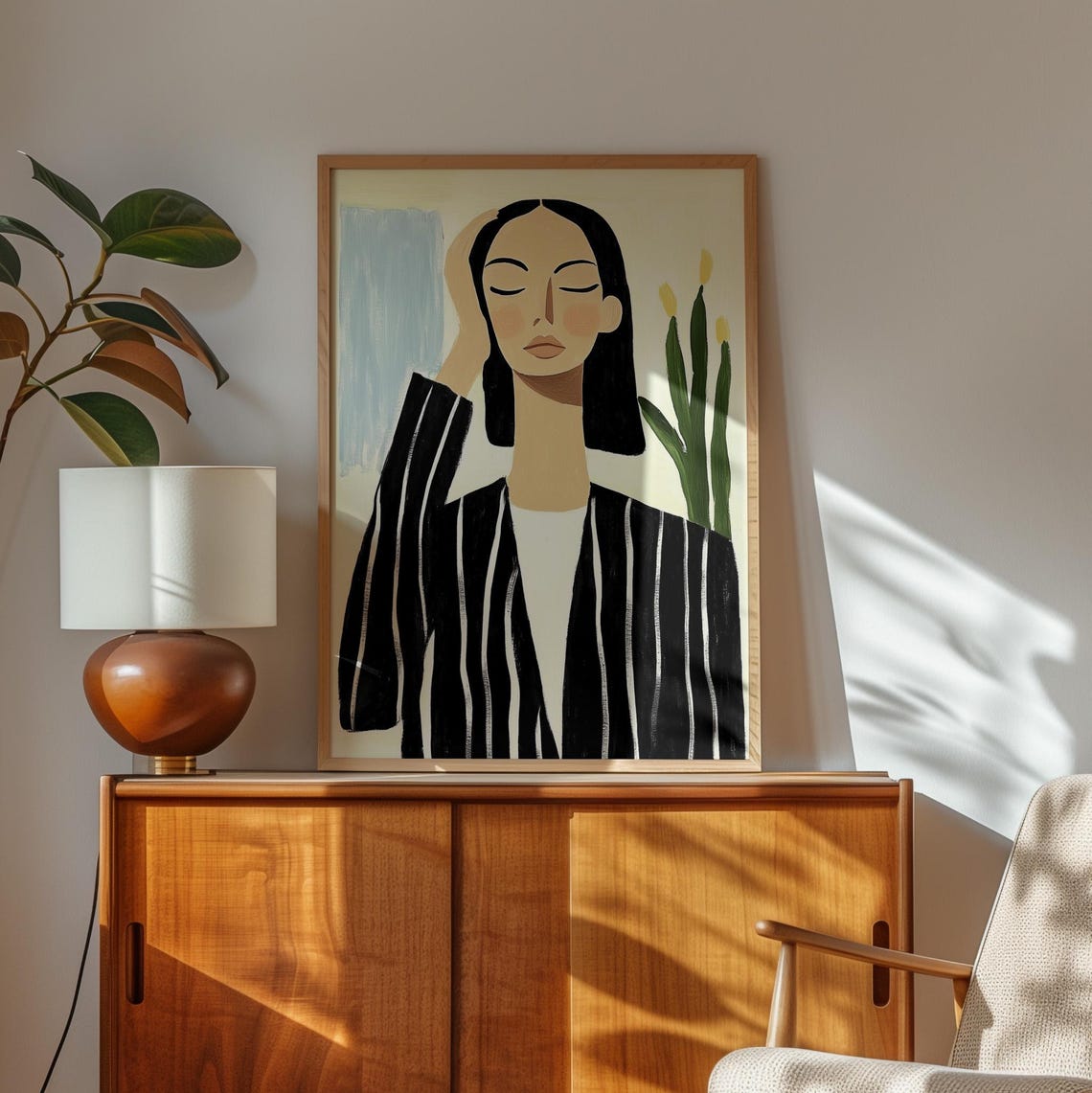 Woman In Black Striped Blazer With Hand To Forehead Art Poster - Image 2