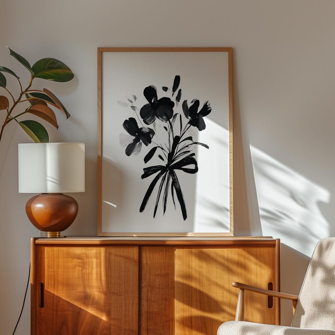 Black And White Floral Bouquet Ribbon Bow Ink Botanical Poster - Image 2