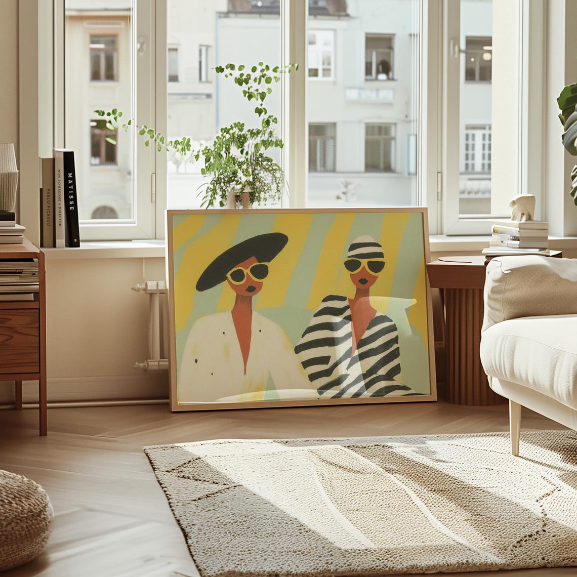Two Stylish Women in Sunglasses Yellow Mint Striped Glam Poster - Image 3