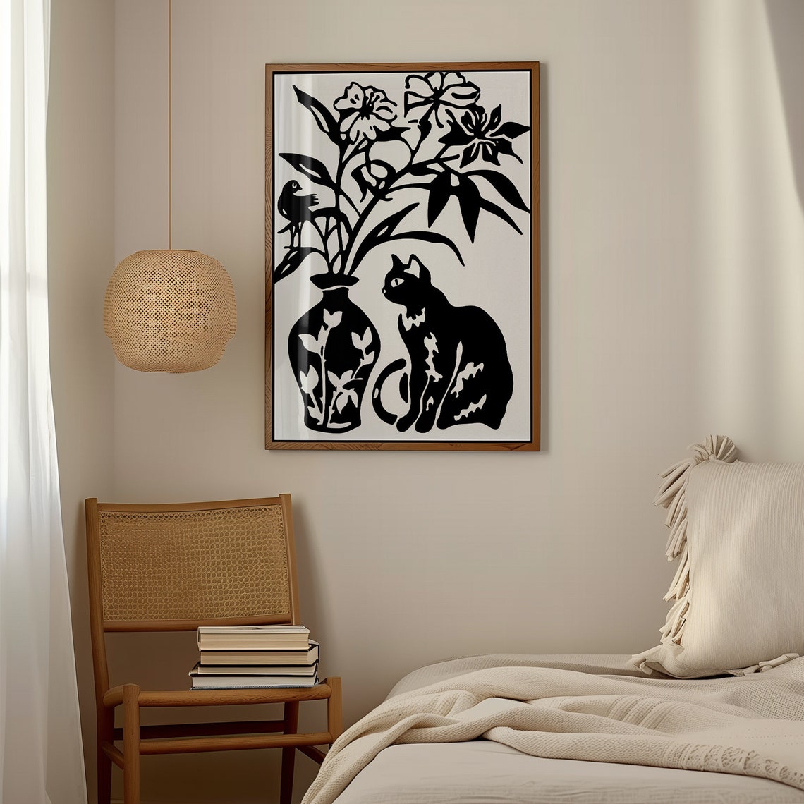 Black Cat Floral Vase Bird Silhouette Bold Papercut Style Art Poster - Image 2
