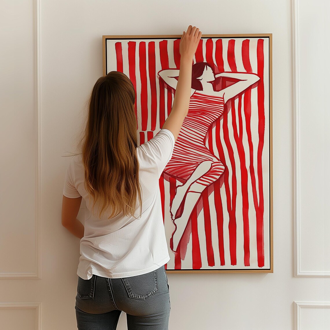 Red Striped Woman in Swimsuit Relaxing Retro Summer Art Poster - Image 3