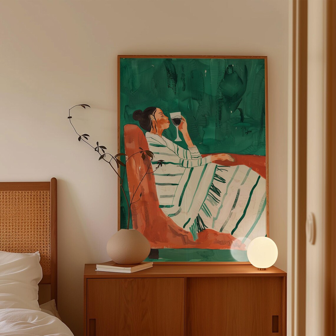 Woman Sipping Red Wine On Orange Couch Emerald Green Relaxation Art Poster - Image 4