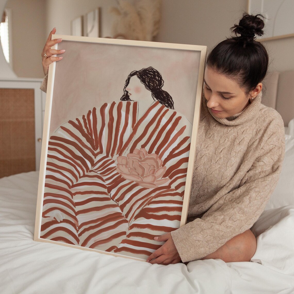 Woman in Rust Striped Dress Holding Pink Peony Floral Art Poster