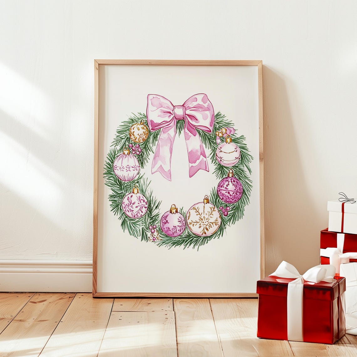 Pink Christmas Wreath With a Big Bow and Pastel Ornaments Poster