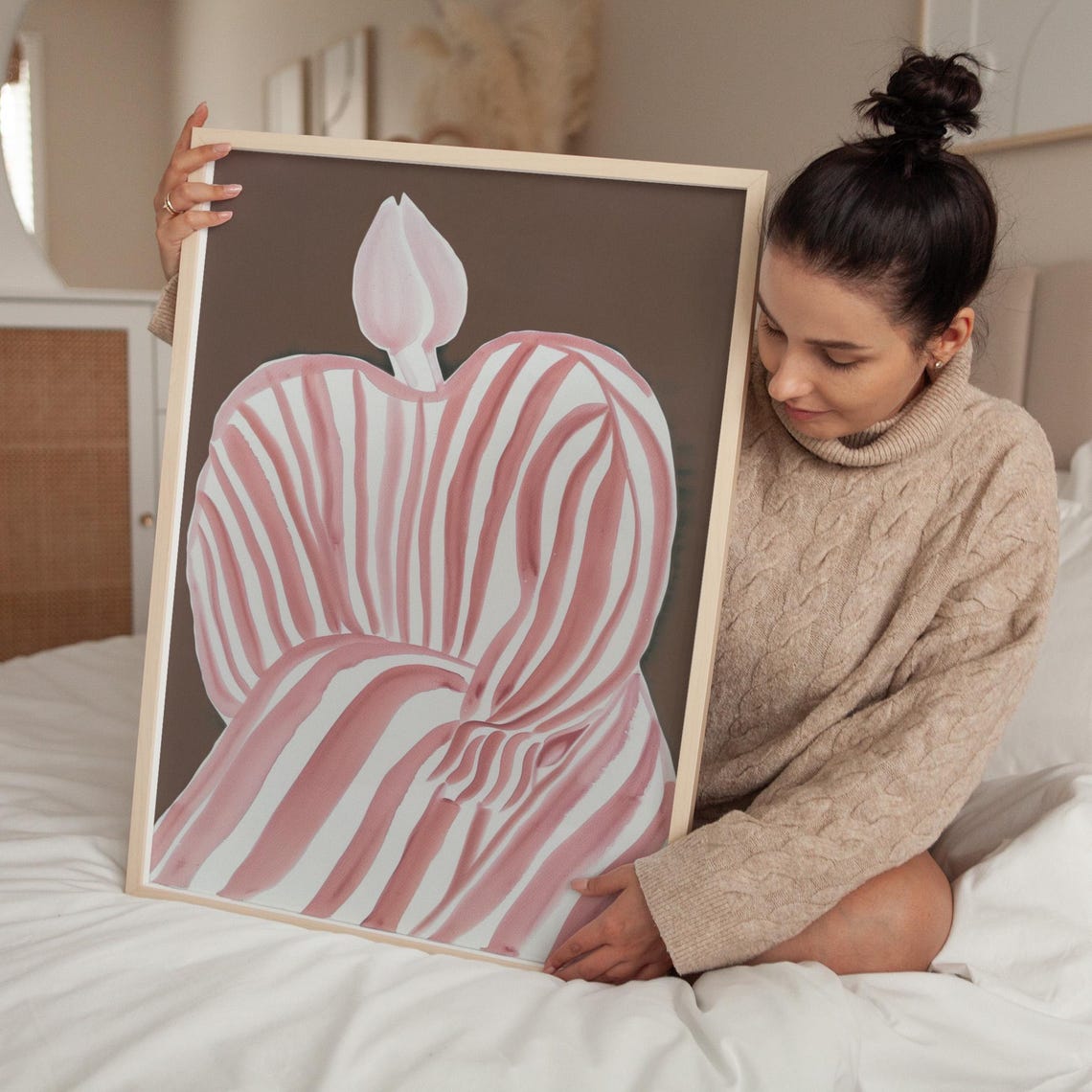 Faceless Figure in Pink Striped Dress with Flower Bud Art Poster - Image 2