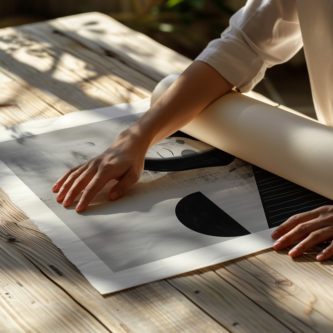 Abstract Woman In Striped Dress Geometric Black White Wall Art - Image 2