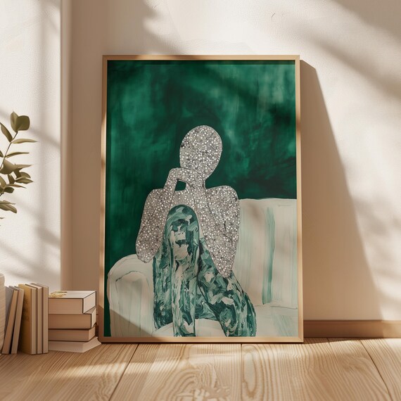Abstract Figure Art Print Textured Contemplative Figure Illustration Green And White Minimalist Decor Emotional Modern Wall Art