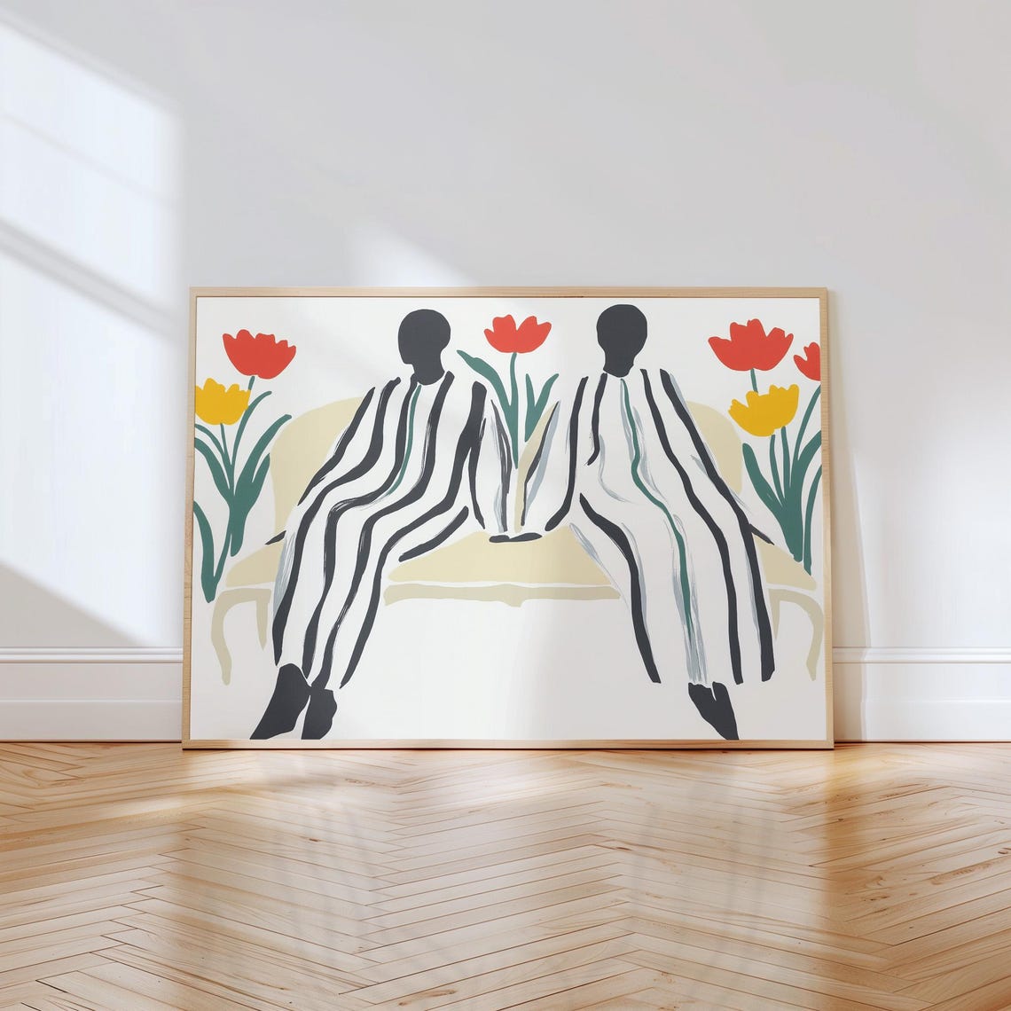 Couple in Striped Robes Seen From Behind Among Red Tulips Poster