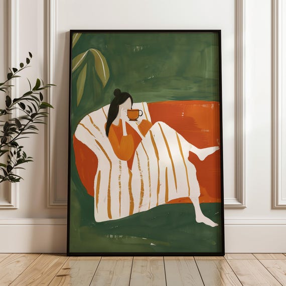 Woman Relaxing With Coffee In Cozy Chair Wall Art Minimalist Illustration With Warm Colors Home Decor For Living Room